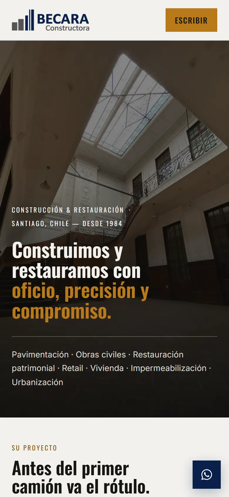 Captura del sitio de Becara SpA en pantalla de celular.